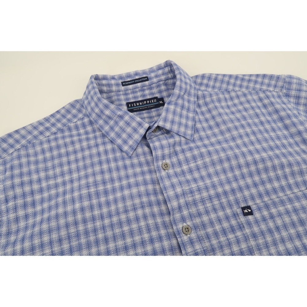 Fish Hippie Co Rumfront Shirt XL Blue Plaid Short‎ Sleeve Cotton Hemp Stretch